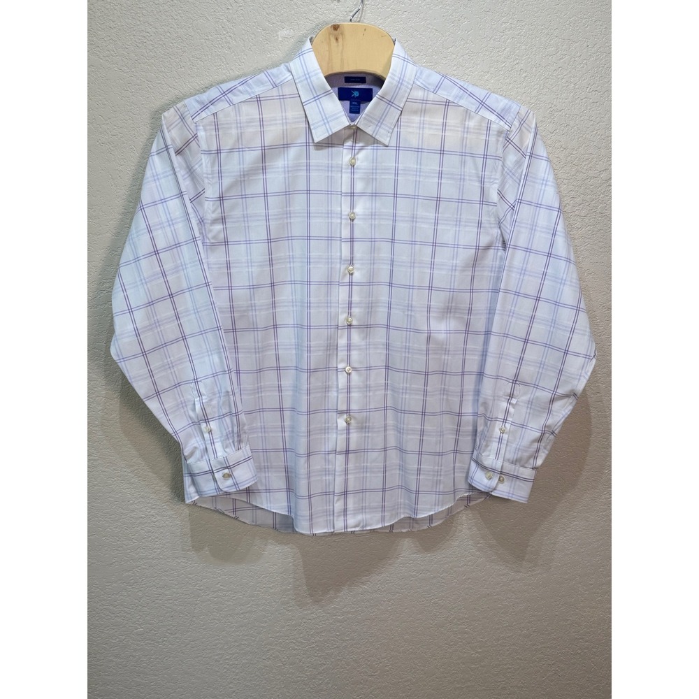 Egara Mens XXL Dress Shirt White Purple Plaid Non-Iron Cotton Long Sleeve